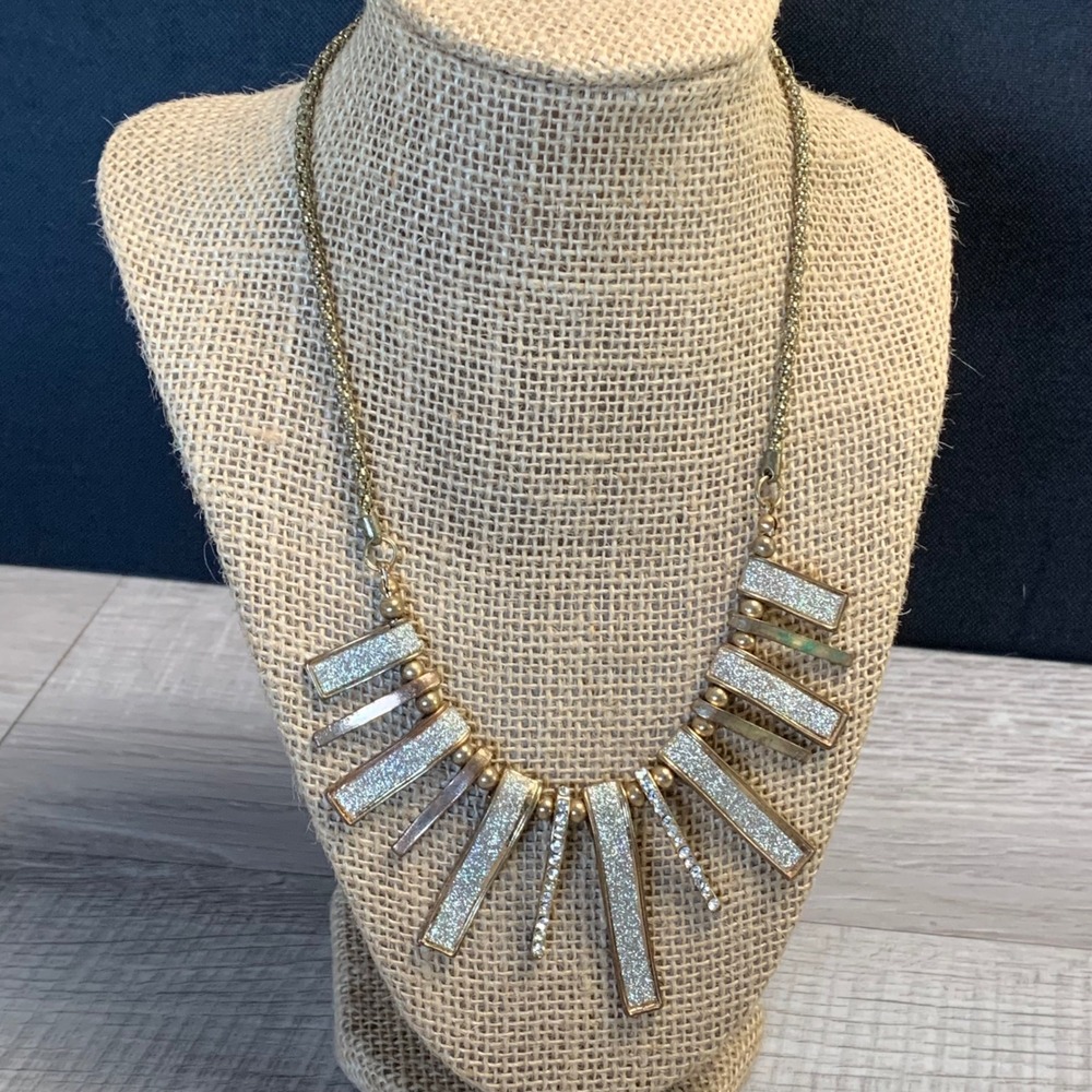 Gold Tone Sunburst Statement Necklace Rhinestone Glitter Fringe 18 Inch